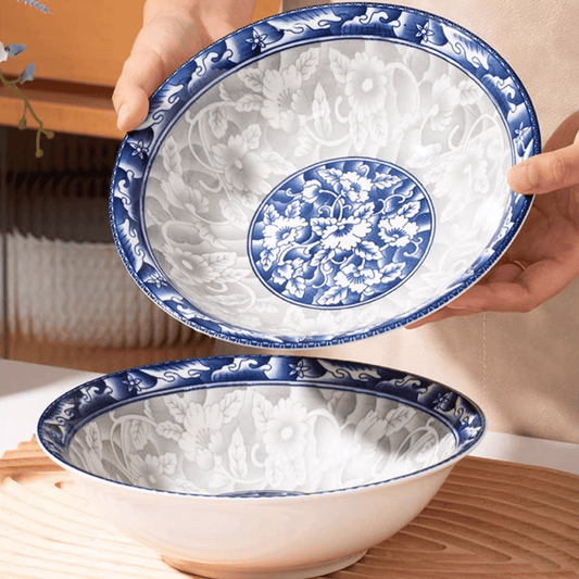 8 Inch White And Blue Porcelain Bowls Ceramic Noodle Bowl Large Soup Bowls Kitchen Food Serving Bowl