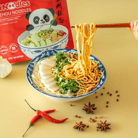 ChiNoodles Lanzhou Noodles Beef Flavour Ramen Semi-dried Noodles 8 Packs With a Porcelain Bowl ~