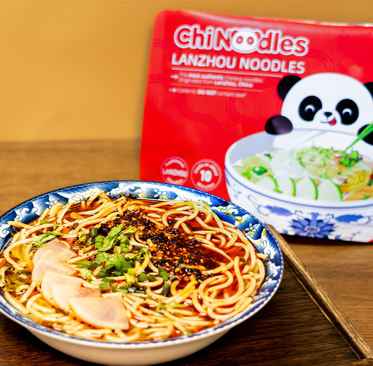 ChiNoodles Lanzhou Noodles Beef Flavour Ramen Semi-dried Noodles 8 Packs With a Porcelain Bowl ~